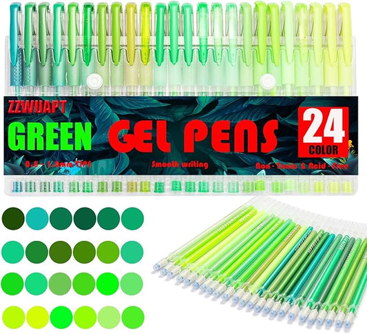 Green Gel Pens,72 Color Gel Pens Set including 24 Color Gel Pen with 48 Refills,40% More Ink Colored Gel Pens for Adult Drawing, Doodling, Scrapbook, Journaling