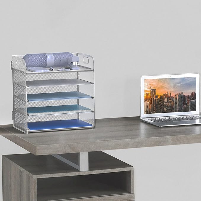 Letter Tray Paper Organizer 5-Tier Desk Organizer File Organizer Paper Holder with Handle, Metal Desktop Document Shelf Tray Office Classroom Organization - Silver