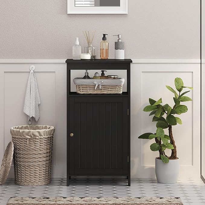 Yaheetech 4-Tier Bathroom Floor Storage Cabinet, Bathroom Free Standing Storage Organizer with Single Door and Adjustable Shelf, Narrow Side Cabinet for Living Room, Kitchen, Hallway, Black