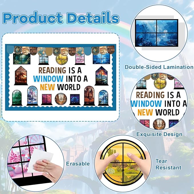 Reading Bulletin Board Set Back to School Classroom Decoration Reading is A Window Into A New World Cutouts Educational Motivational Kindergarten Elementary School Classroom Chalkboard Wall Door Decor