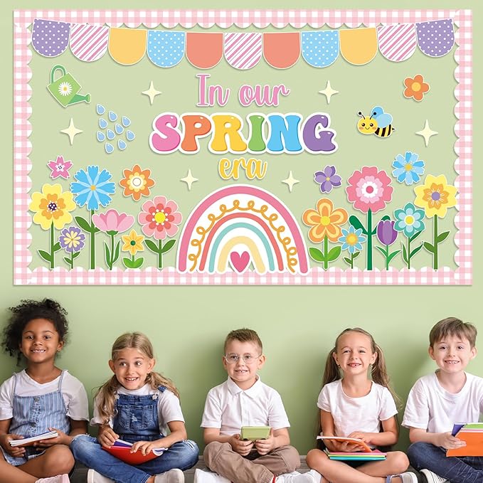 Spring Bulletin Board Decoration Set Floral Classroom Decoration Flowers Rainbow Bee Paper Cutouts in Our Spring Era Bulletin Board for School Office Home Nursery Chalkboard Wall Decor Party Supplies