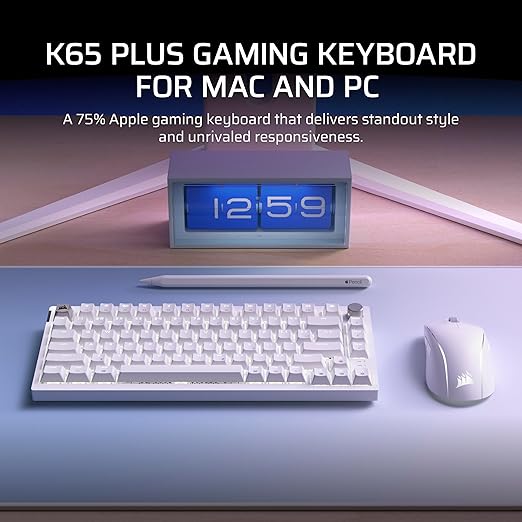 Corsair K65 Plus Wireless 75% RGB Hot-Swappable Mechanical Gaming Keyboard for Mac and iPad – Pre-Lubricated MLX Red v2 Linear Switches, Sound Dampening – QWERTY NA Layout – Frost White