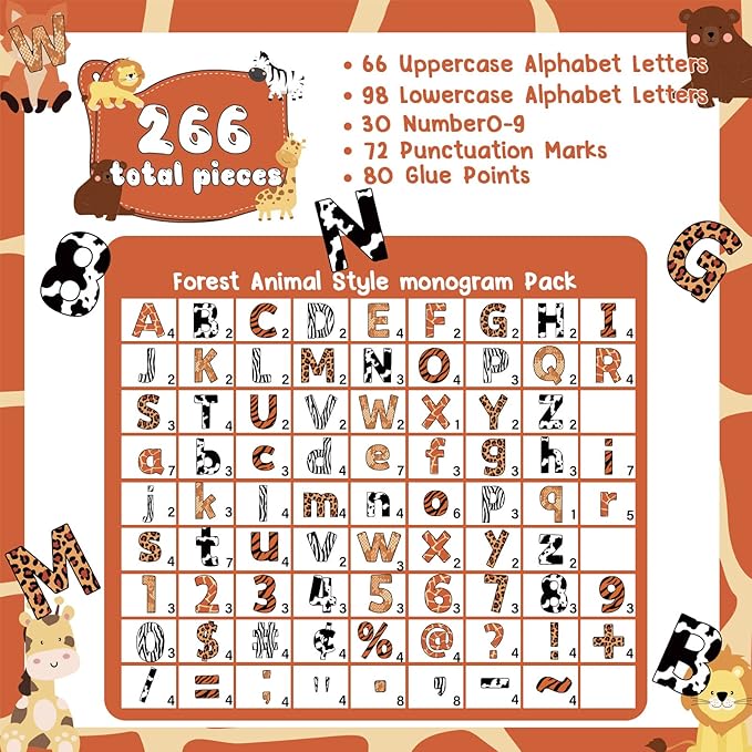 266 Pcs Letters Combo Pack Set Bulletin Board Letters Animal Prints Letters and Number Accents Bulletin Board Display Home School Decor