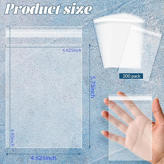 200 Pack Cellophane Bags Self Sealing, Resealable Clear Plastic Sleeves for A2 Greeting Cards and Envelope Photos Art Prints Paintings Cookie Candy, 4-5/8 x 5-3/4 Inch