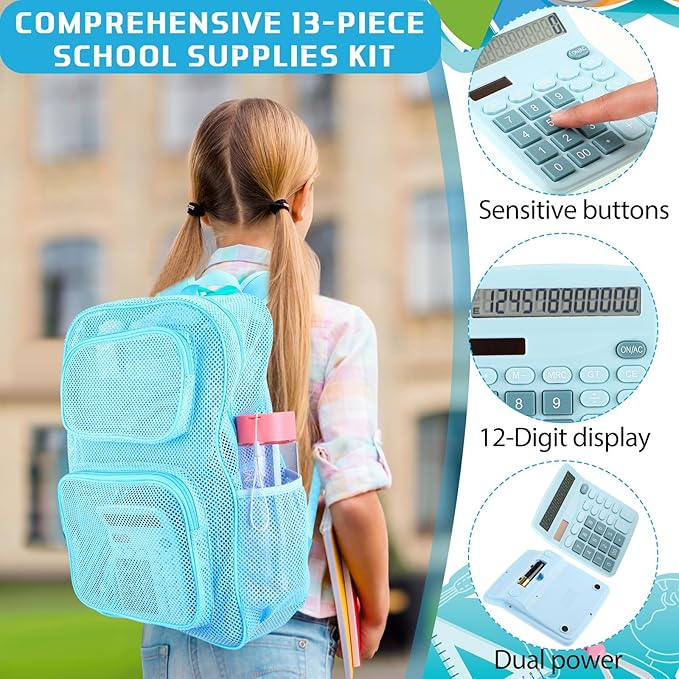 13 Piece Operation Christmas Bulk Item, 17" Mesh Backpack Semi Transparent Heavy Duty, Notebook for Holiday Donation(Blue)