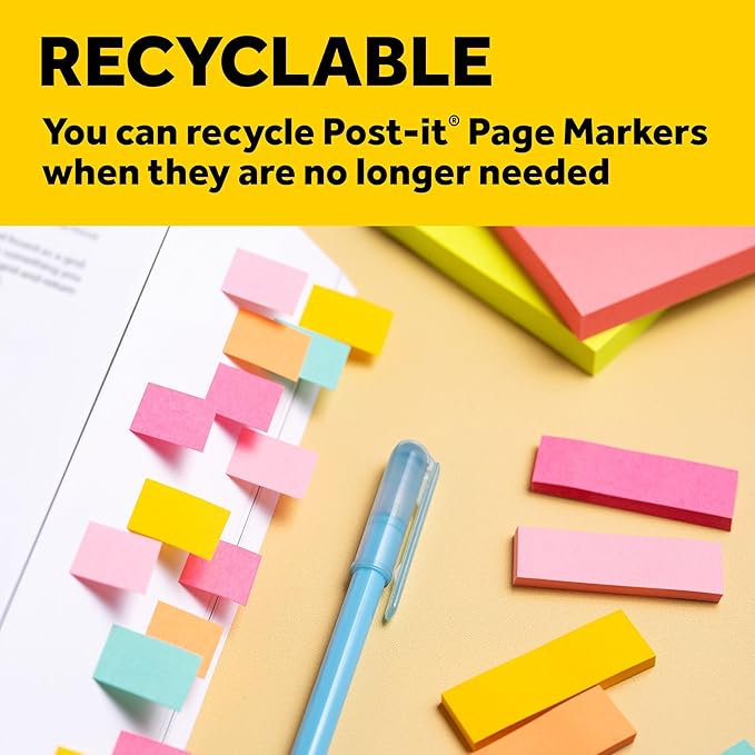 3M 6714AU Post-It Page Markers, Assorted Brights, 50 Strips/Pad, 4 Pads/Pack