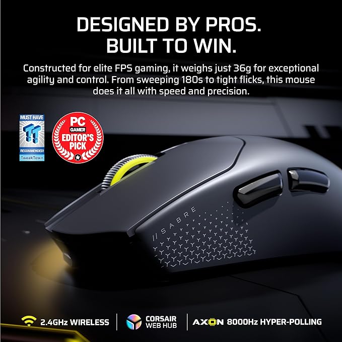 Corsair Sabre v2 PRO Ultralight FPS Wireless Gaming Mouse – 33,000 DPI, 36g Weight, 8,000Hz Hyper-Polling, Mechanical Switches, Up to 70-Hour Wireless Battery Life, Web Hub – White