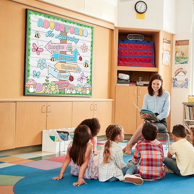 Spring Bulletin Board Adventures in Learning Classroom Decoration Spring Flower Signpost Paper Cutouts Spring Bulletin Board Set for Teacher Classroom School Office Chalkboard Wall Supply
