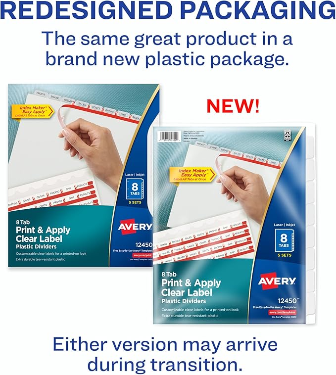 Avery 8 Tab Plastic Dividers for 3 Ring Binder, Easy Print & Apply Clear Label Strip, Index Maker Customizable Frosted White Tabs, 5 Sets (12450)