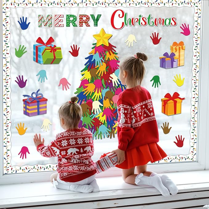 Christmas Bulletin Board Decoration Set Xmas Tree Handprint Name Tags Cutouts for Xmas Holiday Bulletin Board Decor Craft Home Wall(Merry Christmas)