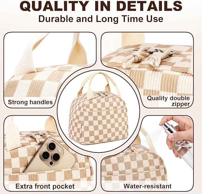 LEDAOU Insulated Lunch Bag women Corduroy Small Lunch Box for Women with Front Pocket Leakproof Cooler Checkered Cute Adult Gilrs Lunch Box for Work School Picnic