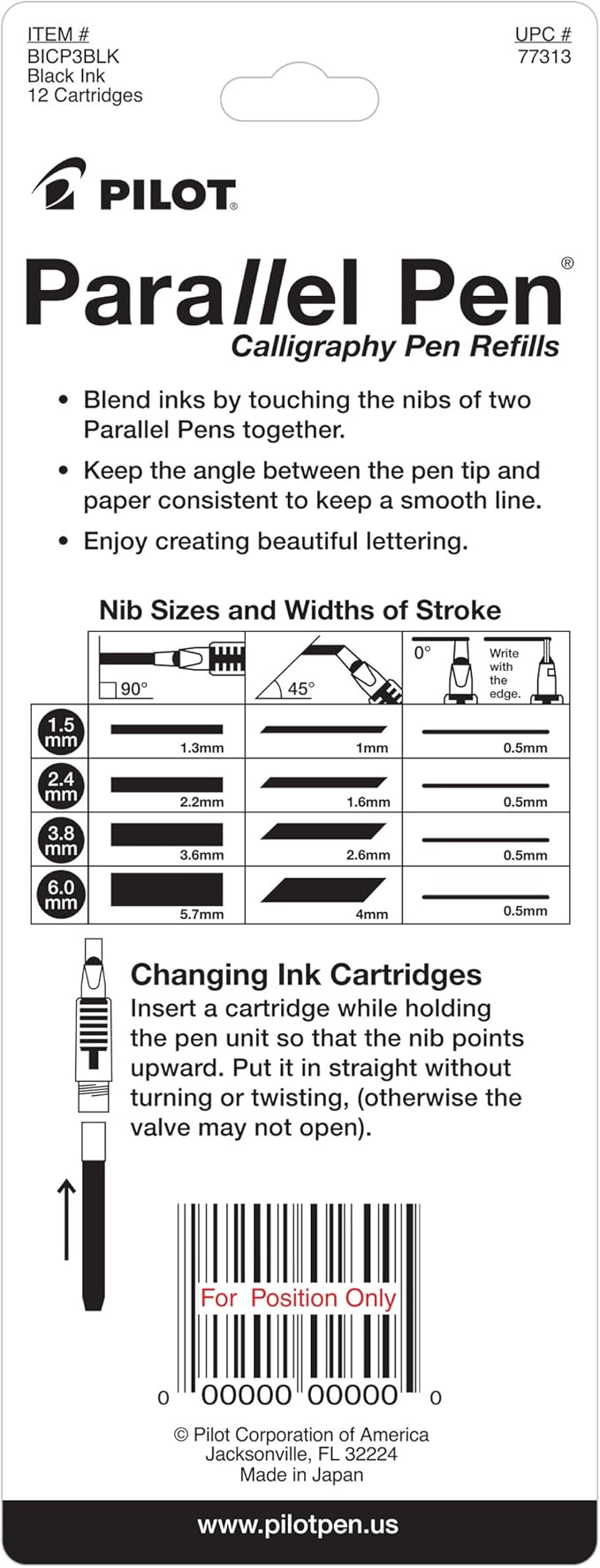 PILOT Parallel Mixable Color Ink Refills for Calligraphy Pens, Black Ink, 12-Pack (77313)