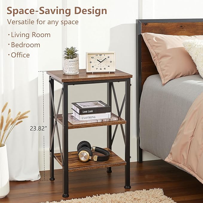 VECELO End Table Set of 2, Bedside Table, 24" Tall Living Room End Tables, X-Design Reinforced Nightstands, Side Table with 3-Tier Storage Shelves for Small Spaces, Office, Bedroom, Rustic Brown