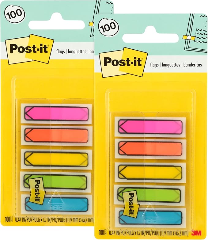 Post-it Arrow Flags, Assorted Bright Colors, .47 in Wide, 100/On-the-Go Dispenser, 1 Dispenser (684-ARR2) (Pack of 2)