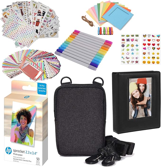 HP 2.3x3.4 Premium Zink Photo Paper (50 Pack) Accesory Kit with Photo Album, Case, Stickers, Markers