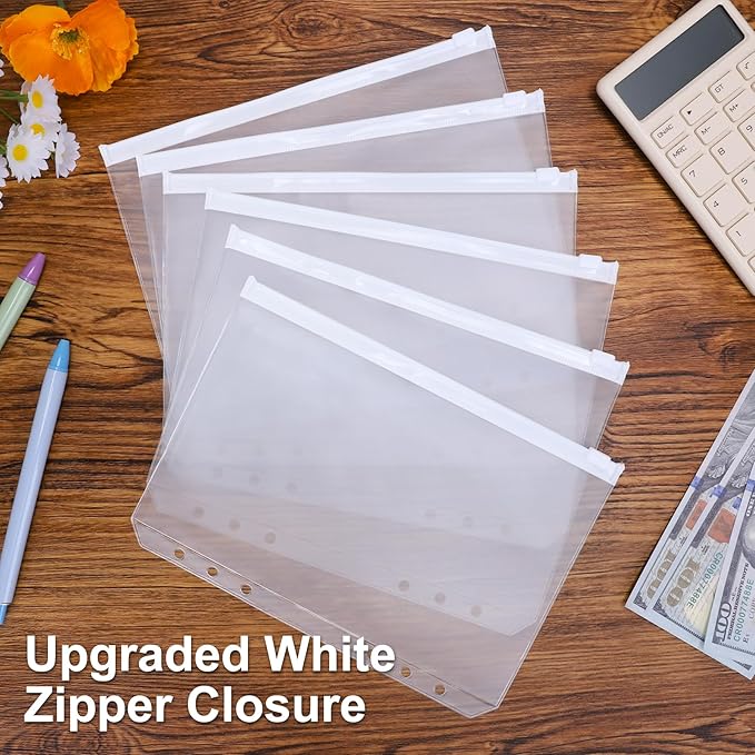 Antner 50pcs A5 Binder Pockets 6-Hole Budget Planner Inserts Cash Stuffing Envelopes for Money Organizer, White Zipper Pouch Folders Waterproof PVC Loose Leaf Filling Bags for A5 6-Ring Savings Binder