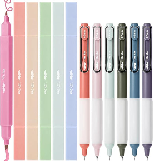 Mr. Pen- Dual Tip Aesthetic Highlighters and Gel Pens, 12 Pack, Assorted Colors, No Bleed, Black Ink, Cute Pens for Bibles