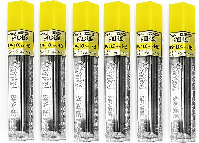 Pentel Super Polymer Refill Replacement Spare Leads for Automatic & Mechanical Pencils (Pack of 6, 0.9mm HB)