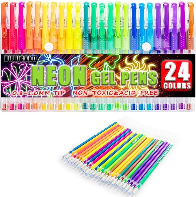 48 Pack Neon Gel Pens, 24 Colored Gel Pen with 24 Refills,40% More Ink Write Smooth for Adults Coloring Books Drawing Doodling Scrapbooks Bullet Journaling