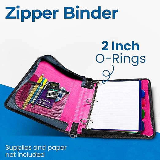 Case-it Classic Zipper Binder | 2-Inch O-Rings, 350 Sheet Capacity, Multiple Storage Pockets & Shoulder Strap | School & Office Organizer | D-251 Magenta