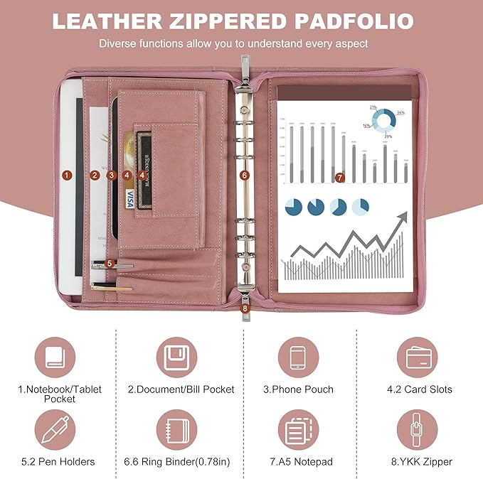 KISSKI Personalized Pink Portfolio for Women, Free Logo Custom, A5 Planner Binder 6 Ring Padfolio Organizer Folio, Engraved Gifts for Mom, Grandmam, Wife, Daughter, Handmade Customized Gifts