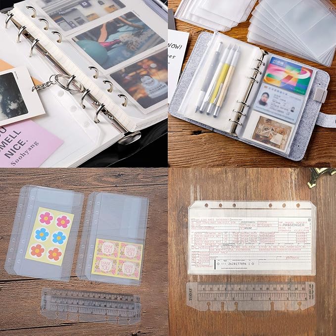 32 Pcs Binder Pockets A6 Size 6 Holes Binder Zipper Pouch Folders for 6-Ring Notebook Binder Loose Leaf Bags, Waterproof PVC Pouch Document Filing Bags,Name Cards and Receipt