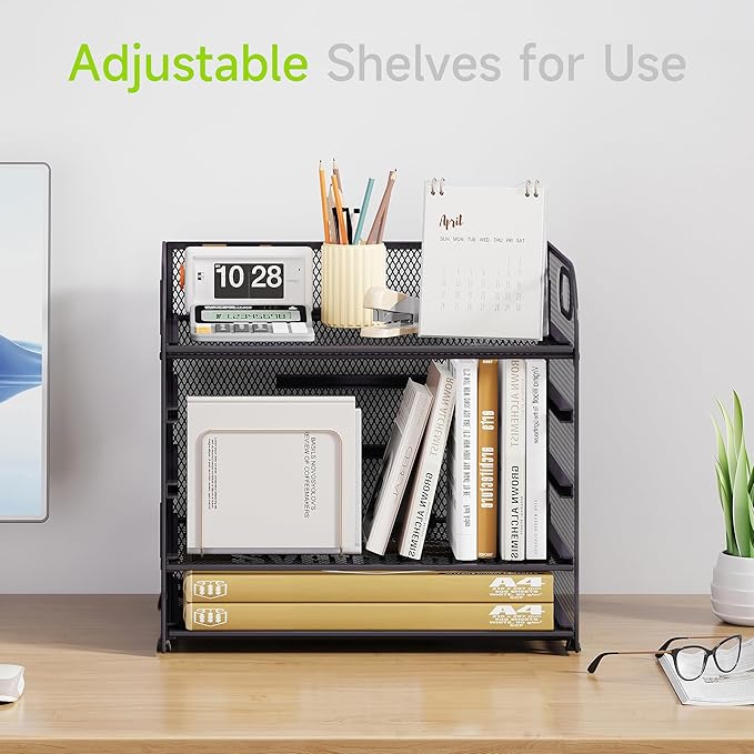 5 Tier Paper Organizer with Handle, Grey Metal Mesh Desk Organizer File Folder Paper Letter Tray Desktop Document Sorter for Classroom, School, Office Accessories Organization and Storage