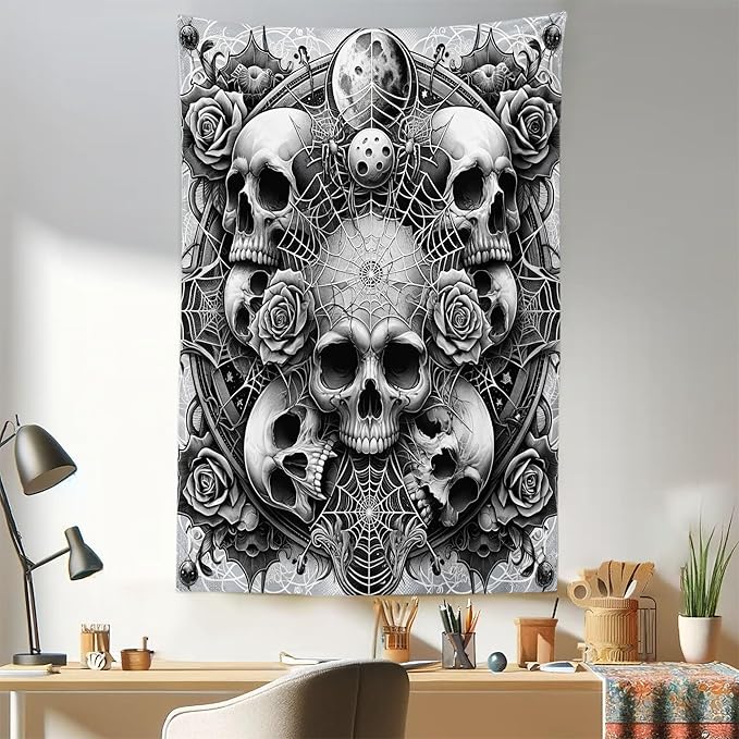 Ambesonne Gothic Tapestry King Size, Dark Tone Neo Spooky Vampire Skulls with American Traditional Roses, Wall Hanging Bedspread Bed Cover Wall Decor, 30" X 45", Pale Grey Dark Grey White