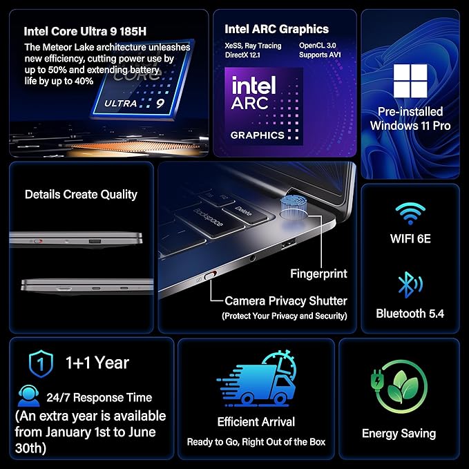GEEKOM GeekBook X14 Pro Laptop, 2.2lbs Ultra Thin 14" 2.8K OLED Laptop Computer, Ultra 9 185H, 32GB LPDDR5x 7500MHz RAM 2TB SSD, Up to 16 Hour, 2X USB4, Fingerprint, Hub, Copilot, Windows 11 Pro