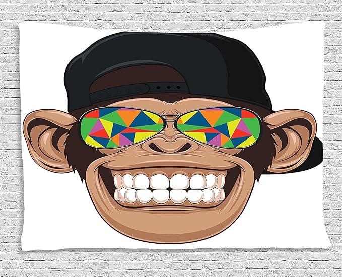 Ambesonne Cartoon Tapestry, Fun Hipster Monkey with Colorful Sunglasses and Hat Rapper Hippie Ape Art, Wide Wall Hanging for Bedroom Living Room Dorm, 60" X 40", White Brown
