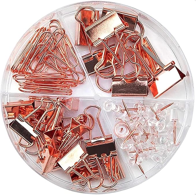 72 Pcs Gold Push Pins Paper Clips Binder Clips Tacks,4 Styles Office Supplies Set with Box for Office School Home Office Binder Supplies