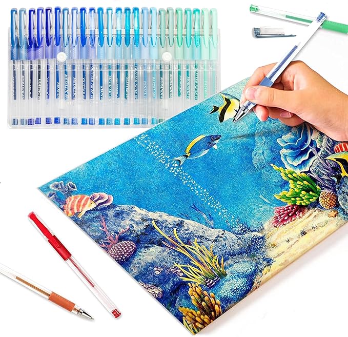 48 Pack Blue Gel Pens, 24 Colored Gel Pen with 24 Refills,40% More Ink Write Smooth for Adults Coloring Books Drawing Doodling Scrapbooks Bullet Journaling