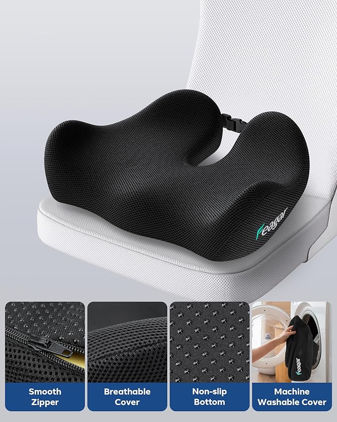 Feagar Office Chair Cushion for Sciatica & Tailbone Pain Relief – Extra Thick Memory Foam Seat Cushion for Long Sitting, Desk Chair & Wheelchair, Non-Slip Bottom