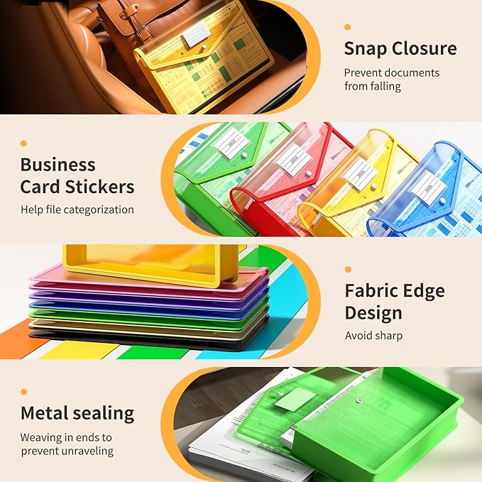 7 Pack Plastic Expanding File Folder, Transparent envelopes with Snap Closure, No Dividers, Large Capacity, Fit Legal/B4 Size for School, Office, Home, Hospital, 7 Colors