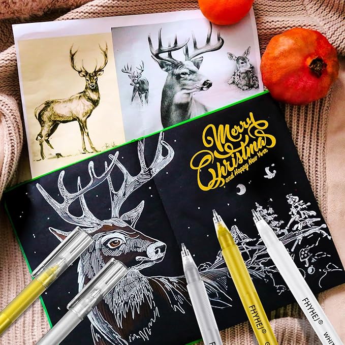 Fhyhej Gold Silver White Gel Pens,1.0mm Fine Point Gel Ink Pen Archival Ink Pens for Black Paper Drawing, Sketching, Illustration, Card Making, Bullet Journaling, 6 Pack