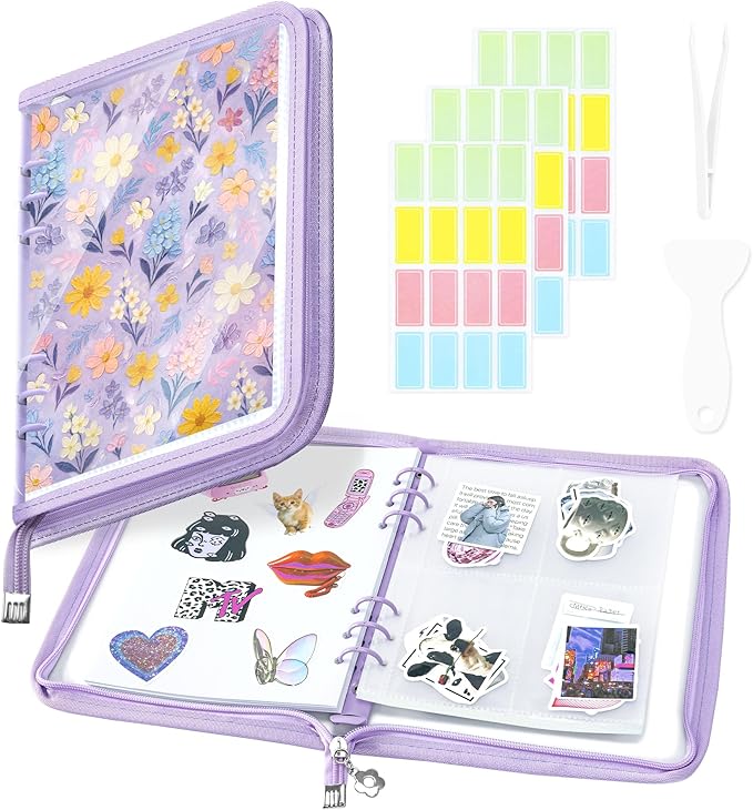 Ospelelf Sticker Organizer Binder Stickers Storage Book, Includes Transparent Pockets, Release Paper, Essential for Scrapbook Planner Enthusiasts, Purple