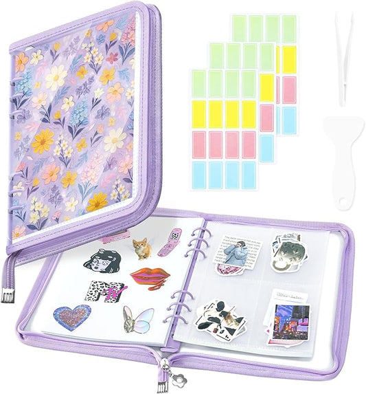 Ospelelf Sticker Organizer Binder Stickers Storage Book, Includes Transparent Pockets, Release Paper, Essential for Scrapbook Planner Enthusiasts, Purple