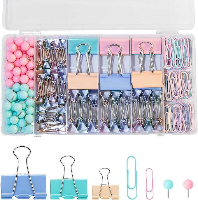 260 Pcs Binder Clips Assorted Sizes & Paper Clips Set with Push Pins | Cute All-in-One Office Supply Kit for School, Home & Desk Organization