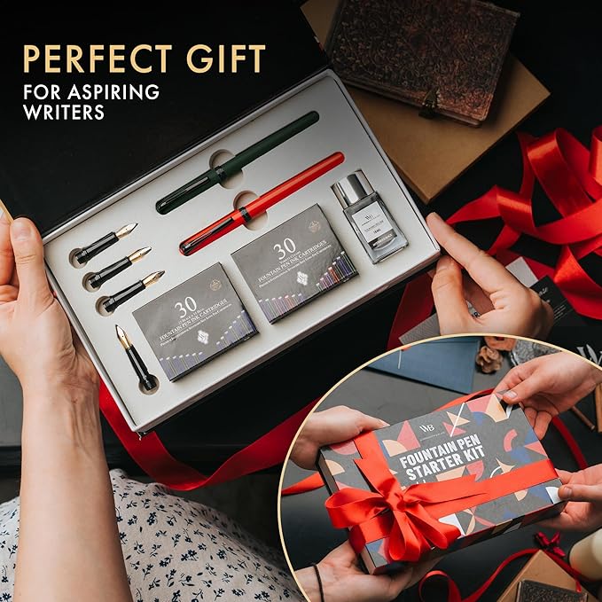 Wordsworth and Black Fountain Pen Set - Green - Includes 2 Pens, 18 ML Ink Bottle, 60 Ink Cartridges, A Refill Converter, 1 Medium and 4 Broad Nibs, Brush Pen - Fountain Pen Kit for Beginners