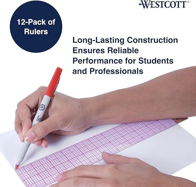 Westcott 8ths Graph Transparent Beveled Edge Ruler, Zero Centering Scale, Durable Laminated Finish,12-Inch, Measuring Tool for School, Office, Drafting, Sewing, Engineering, School Supplies, 12 Pack