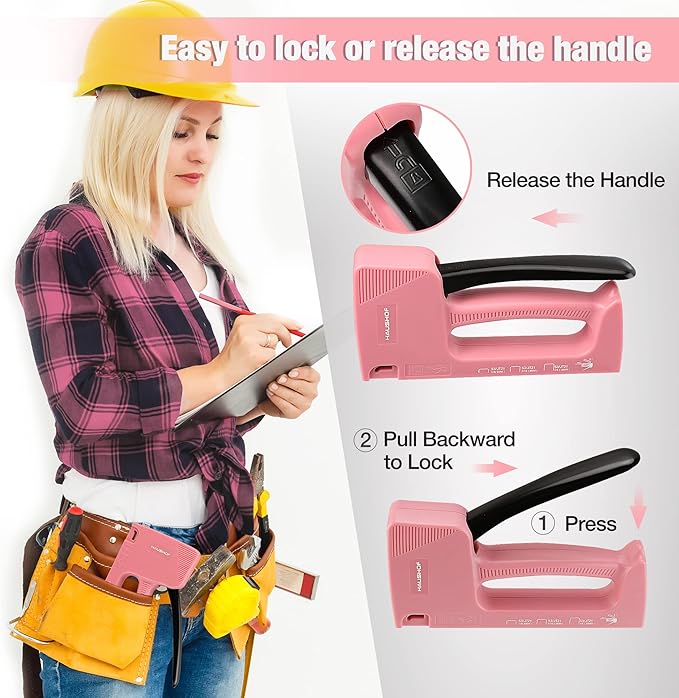 HAUSHOF Light Duty Staple Gun, Upholstery Staple Gun with 800PCS JT21 Staples and Stapler Remover, Fits JT21 Staple of 1/4'', 5/16'' & 3/8'', Used for Wood, Classroom, Crafts, DIY, Decoration (Pink)