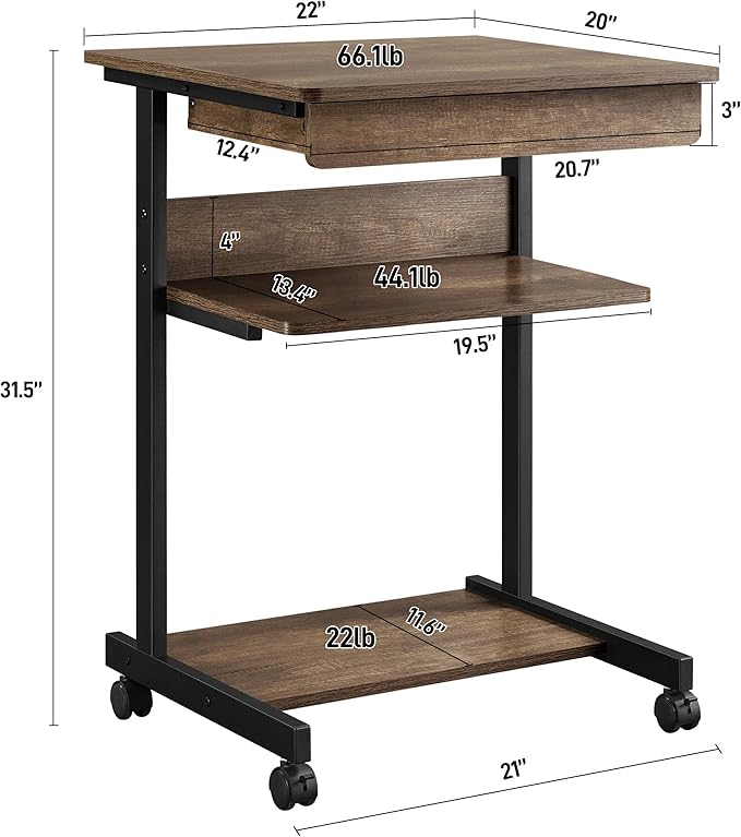 Yaheetech Small Rolling Computer Desk with Storage Drawer, Rolling Home Office Computer Desk with Keyboard Tray, Laptop Desk with Wheels and Drawer, Taupe Wood