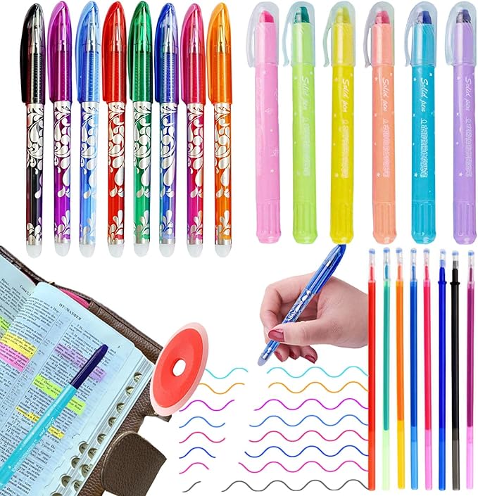 23 Pcs Aesthetic Highlighter and Erasable Pen Set, including 6 Bible Highlighters, 8 Erasable Pens, 8 Refills and 1 Eraser,No Bleed, Perfect for Bible Study Journaling Planner Notes School Supplies