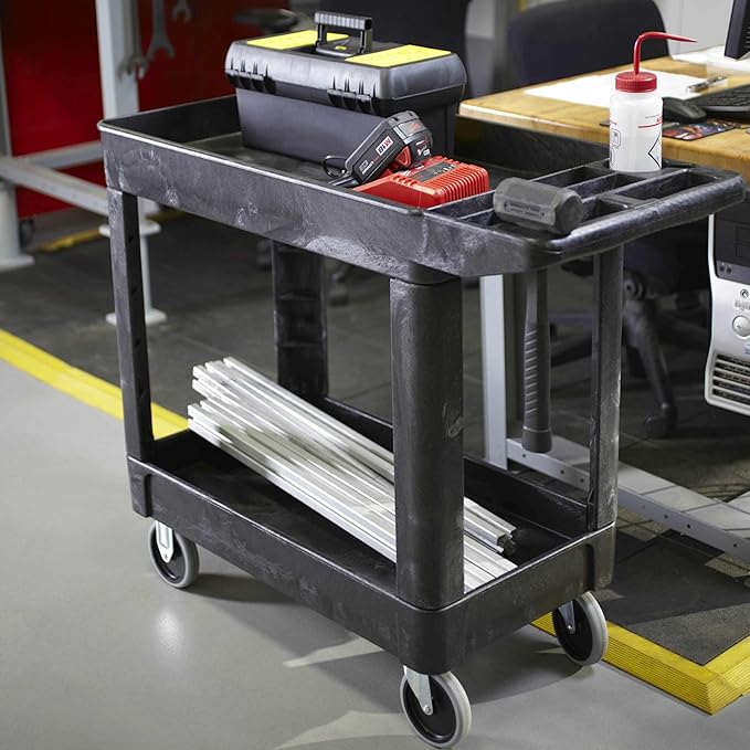 Rubbermaid Commercial Products 2-Shelf Utility/Service Cart, Small, Lipped Shelves, Storage Handle, 500 lbs. Capacity, for Warehouse/Garage/Cleaning/Manufacturing