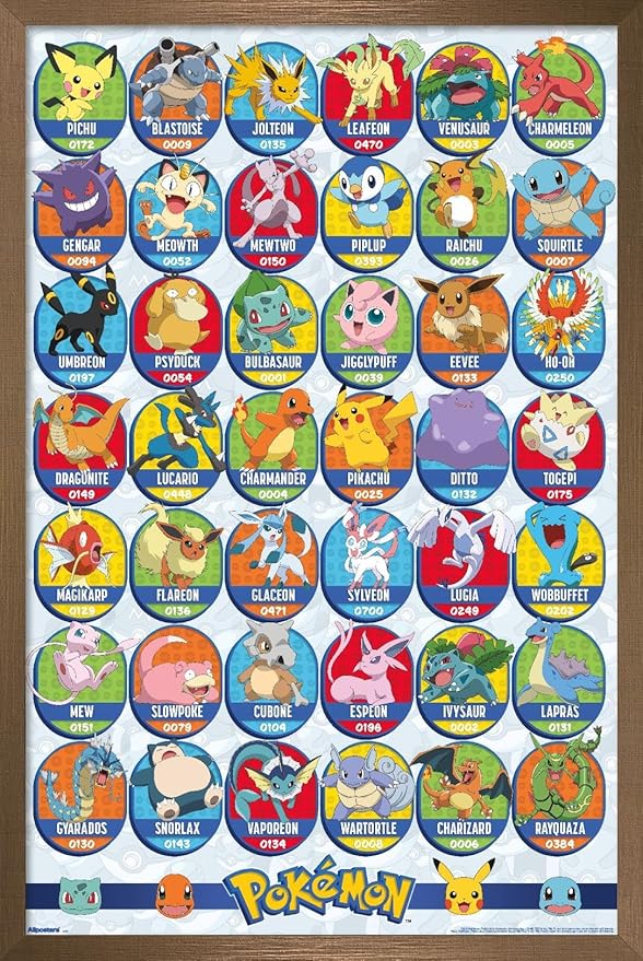 Pokémon: All-Time Favorites - Grid Wall Poster, 22.4L" x 14.7W", Bronze Framed Version