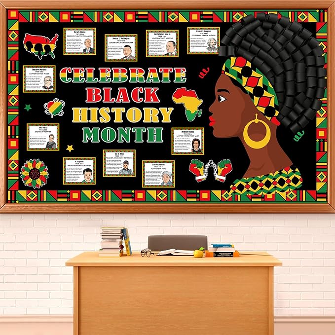 3D Black History Month Bulletin Board Set Famous African American Classroom Decoration Motivational Cutouts Black History Bulletin Board Border for School Classroom Home Party Chalkboard Wall Decor