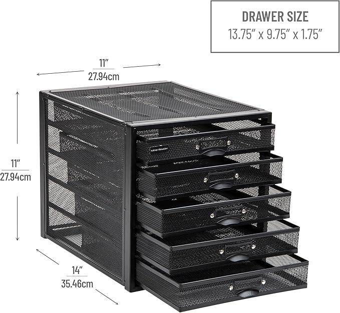 Mind Reader File Storage Drawers, Desk Organizer, Multi-Purpose, Crafts, Office, Metal Mesh, 11"L x 14"W x 11"H, Black, 5 Drawer