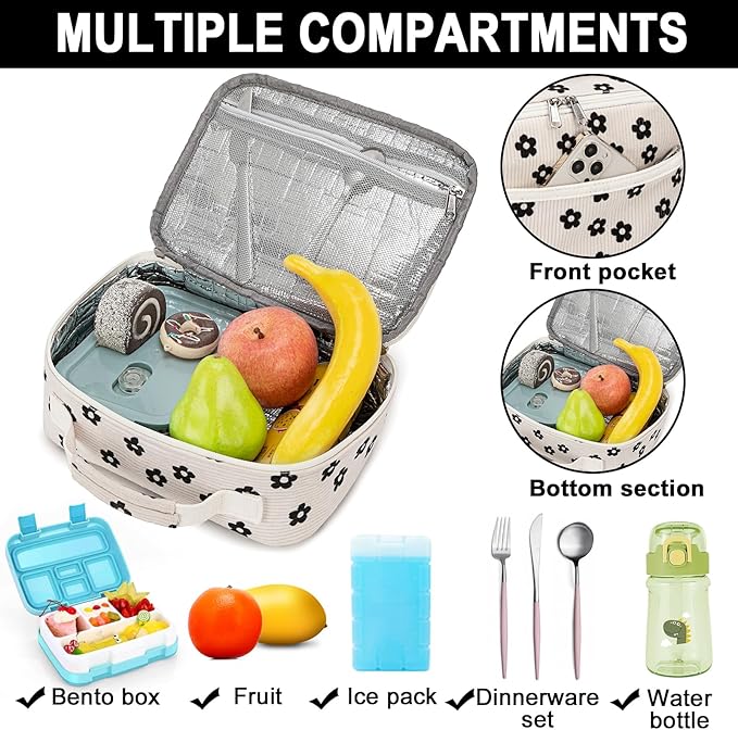 Bluboon Kids Girls Lunch Bag Insulated Lunch Box for school Corduroy Lunch Cooler Organizer School Kids Lunch Tote (Corduroy Beige Floral)