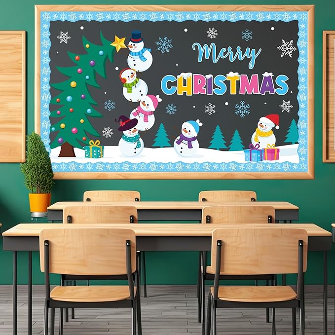 Winter Bulletin Board Decorations Merry Christmas Classroom Bulletin Board Set Snowman Tree Snowflakes Paper Cutouts for Winter Christmas Classroom Holiday School Office Home Wall Party Decor Supplies