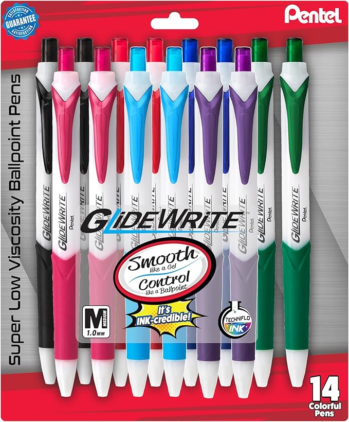 Pentel GlideWrite Ballpoint Pen with TechniFLO Ink, (1.0mm) Medium Line, Assorted Ink, Pack of 14 (BX910BP14M)